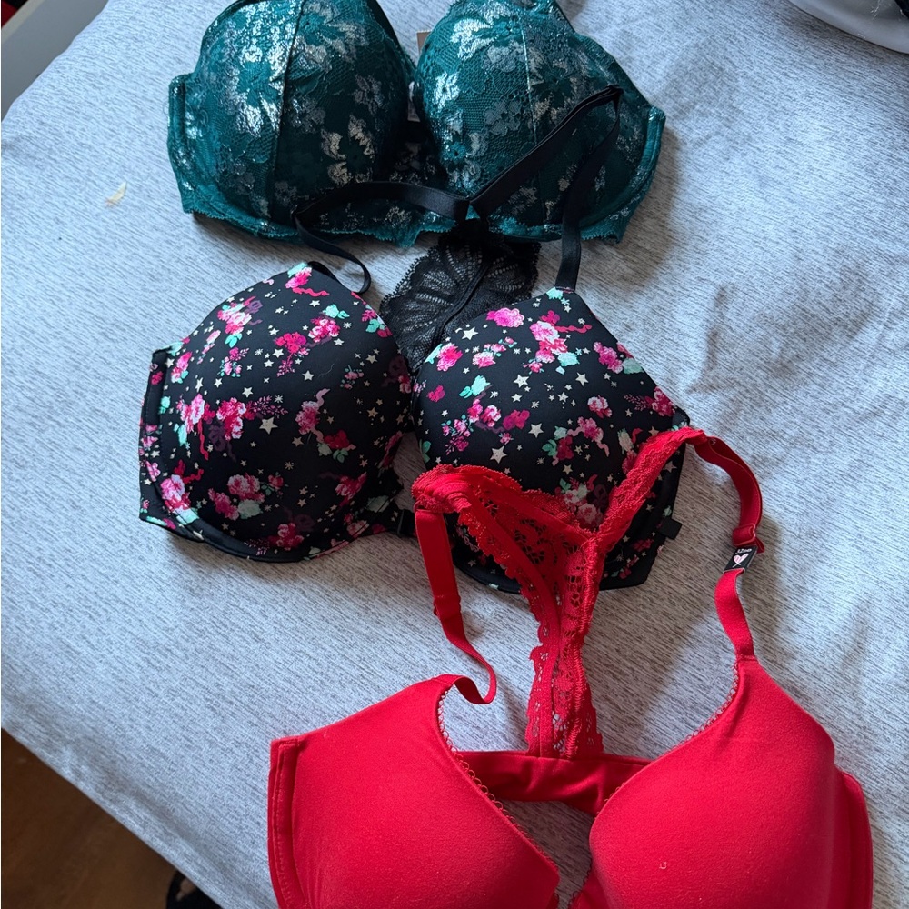 Victoria's Secret Floral and Lace Bra Trio - Green, Black, Red